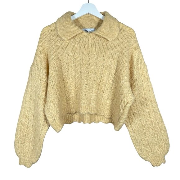 Zara Cropped Sweater Size S Alpaca Wool Blend Knit Peter Pan Collar Blogger Fave - Picture 3 of 12
